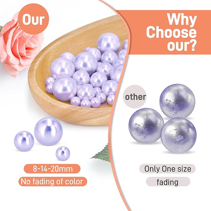 120 PCS 8/14/20mm No Hole Polish Pearl Beads for Centerpiece, Light Purple Beads Decorative Vase Fillers, Plastics Pearls for Vases, Table Scatters, Wedding Party Decor