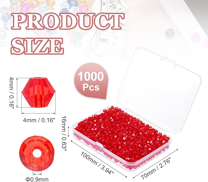 PATIKIL 1000pcs 4mm Bicone Glass Crystal Beads, Faceted Glass Spacer Beads with Box for Jewelry Making Bracelet Necklace Earrings DIY Suncatcher Craft, Dark Red