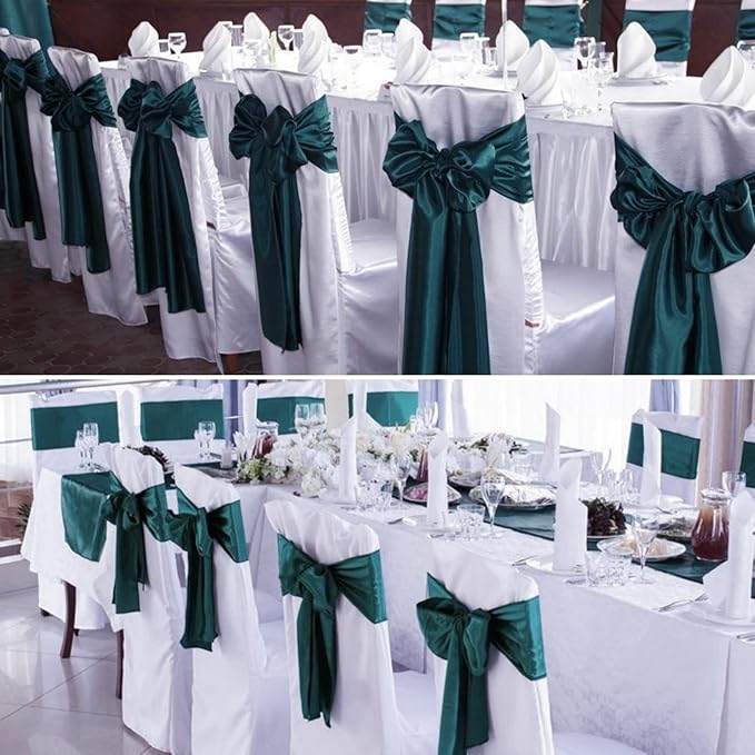 100 PCS Satin Chair Sashes Decorative Bows Universal Satin Chair Sashes Ties Ribbon Bow Chairs Cover Band for Wedding Birthday Party Ceremony Reception Banquet Restaurant Decor(7x108inch,Forest Green)