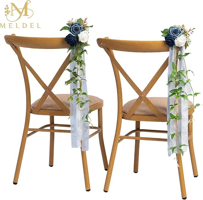 Meldel 10Pcs Elegnat Wedding Chair Back Decorations Aisle Artificial Blue White Rose Flowers Garland with Ribbion for Ceremony Reception and Reception Seating Arrangements Party Outdoor Decor
