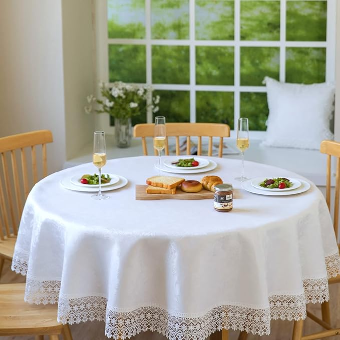White lace Premium Round Farmhouse Tablecloth Waterproof OilProof SpillProof AntiShrink Soft Wrinkle Resistant Decorative Fabric Table Cover Kitchen Dinning Party Wedding Banquet