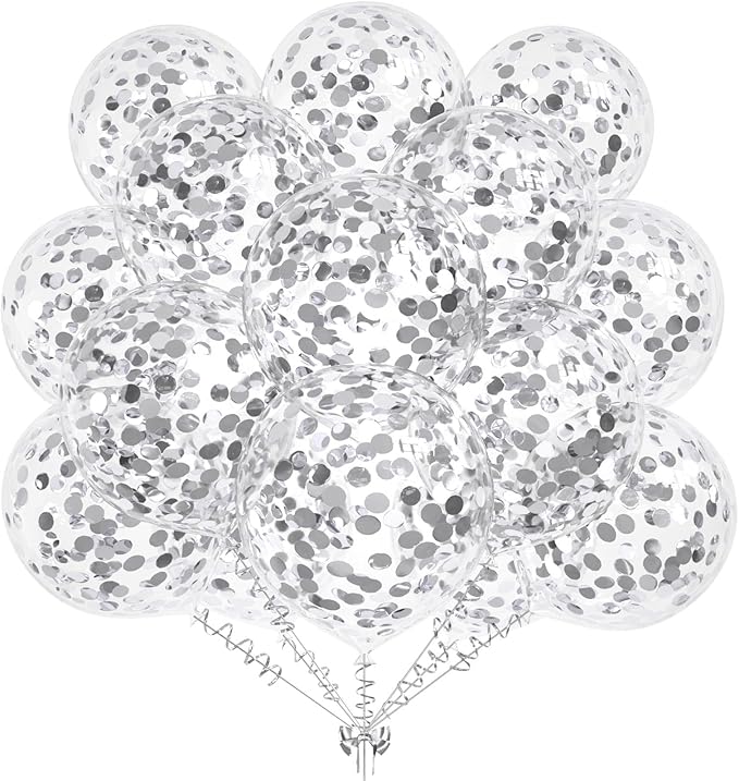 50pcs Silver Foil Confetti Balloons,12 inch Latex Balloon with Silver Confetti Inside for Birthday Family Party Wedding Party Baby Shower Decoration Supplies