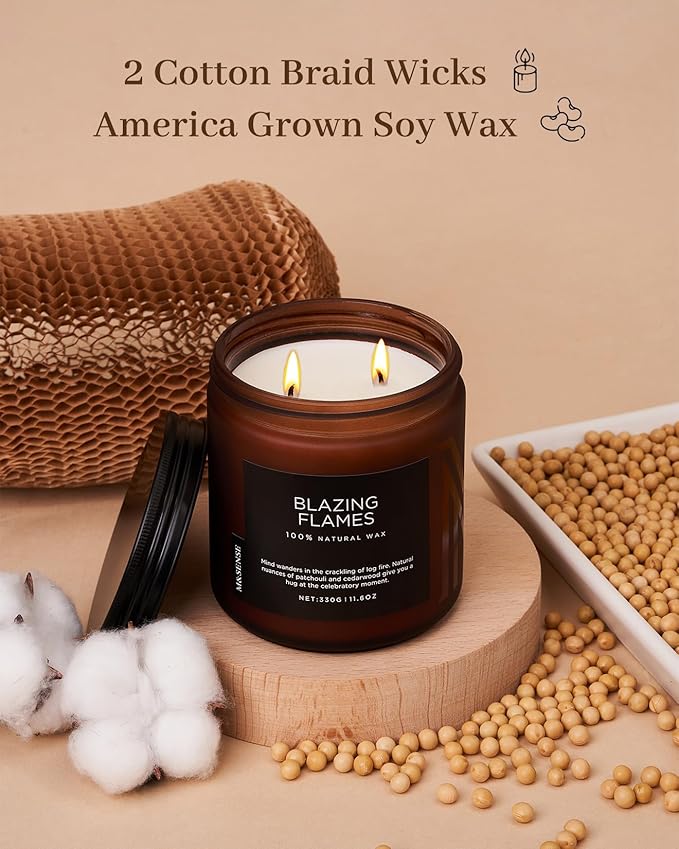 M&SENSE Blazing Flame Scented Candles with Log Fire - Cade & Patchoulli Scent, 70 Hours 11.6oz Natural Soy Wax for Home Decor Housewarming Gift, 2 Cotton Wick Candle for Celebration