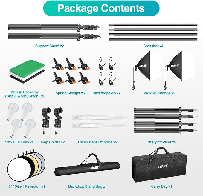 EMART 8.5 x 10 ft Backdrop Support System, Professional Photography Lighting Kit with 50W LED Bulb, Reflector, 6 * 9ft Backdrop *3, Umbrellas&Softbox Lighting Kit for Studio, Portrait, Video Shooting