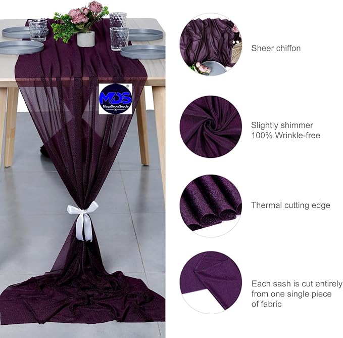 MDS Halloween Chiffon Table Runner - 12 Pack, 29 x 170 Inches, 14ft Each - Sheer Spooky Table Runners for Haunted House Parties, Trick-or-Treat Tables, Witchy Décor, Wedding & Events - Eggplant