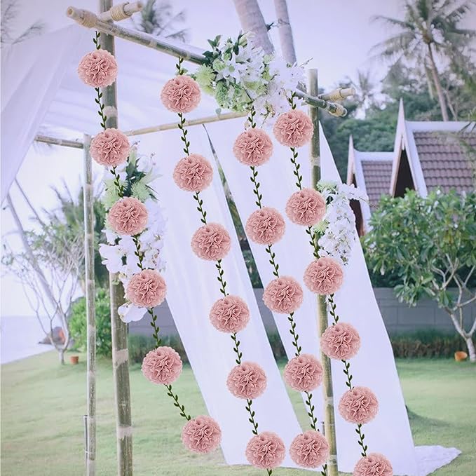 2 Pack Rose Pink Tissue Paper Pom Pom Garlands Hanging with Cloth Vine for Nature Garden Fence Birthday Paty Decorations, 6.6Ft Length