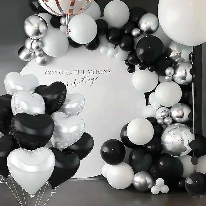 Black Silver Heart Balloons,12Pcs 18Inch Silver Black Heart Shaped Foil Helium Balloons for Baby Shower Birthday Anniversary Wedding Engagement Party Decorations