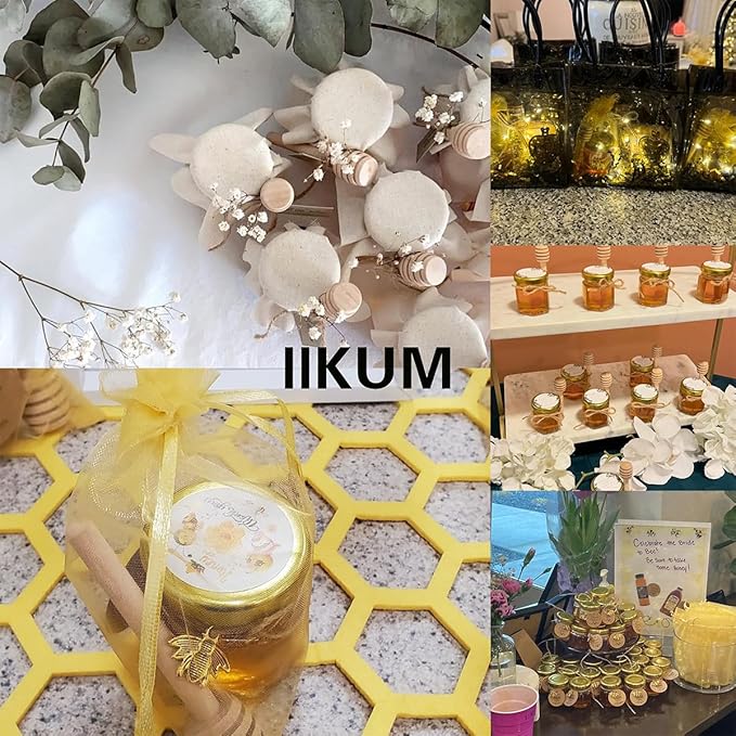 IIKUM 40 Pack Glass Honey Jars, 1.5 oz Hexagon Honey Pots with Lids, Dippers, Bee Pendants, Gift Bags, Thank You Cards, Jute and Stickers-Great Honey Jars Set for Baby Shower, Wedding and Party Favors