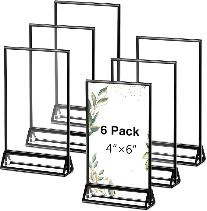 Zonon Acrylic Sign Holder 5x7, 6 Pack Vertical Double Sided Menu Display Stand with Borders, Double Sided Wedding Table Menu Holders Picture Frames for Restaurant, Christmas Party(4 x 6 Inch)