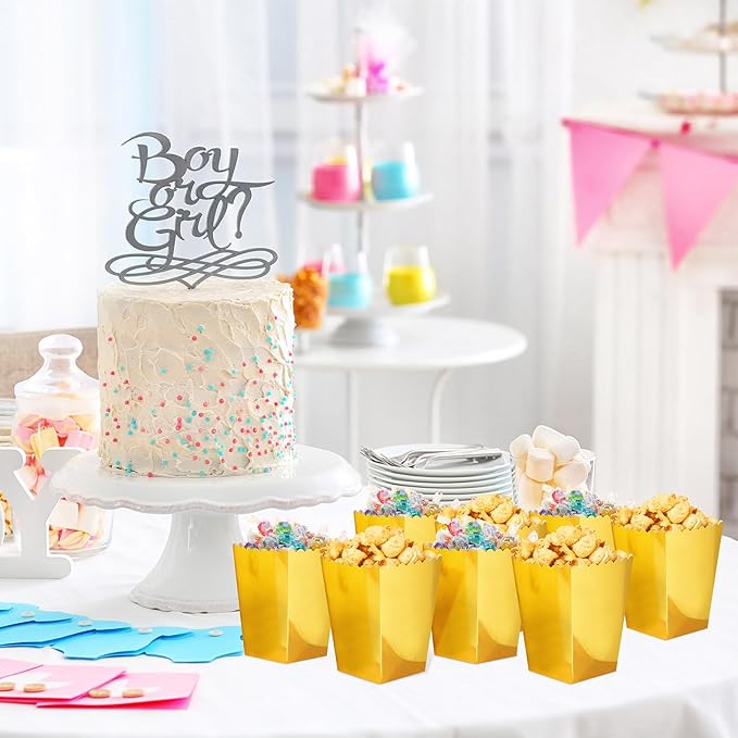 Meanplan 200 Pcs Popcorn Boxes Mini Paper Popcorn Holder Cardboard Snack Container for Party Disposable Snack Candy Bags for Birthday Wedding, 2.2 x 4.2 x 3 in(Simple,Gold)