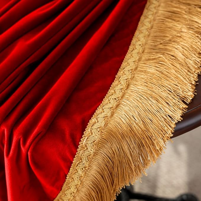 F-CHU Red Tablecloth Thickset Velvet Tablecloth with Beautiful Gold Tassels Vintage Table Cloth for Home Decor Wedding, Party, Banquet and Events 48" Round