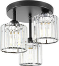Crystal Semi Flush Mount Ceiling Light, 3-Light Modern Close to Ceiling Light Fixtures, Black Kitchen Light Fixtures with Clear Crystal Shade, Hallway Light Fixtures for Hallway Bedroom Bathroom, E26