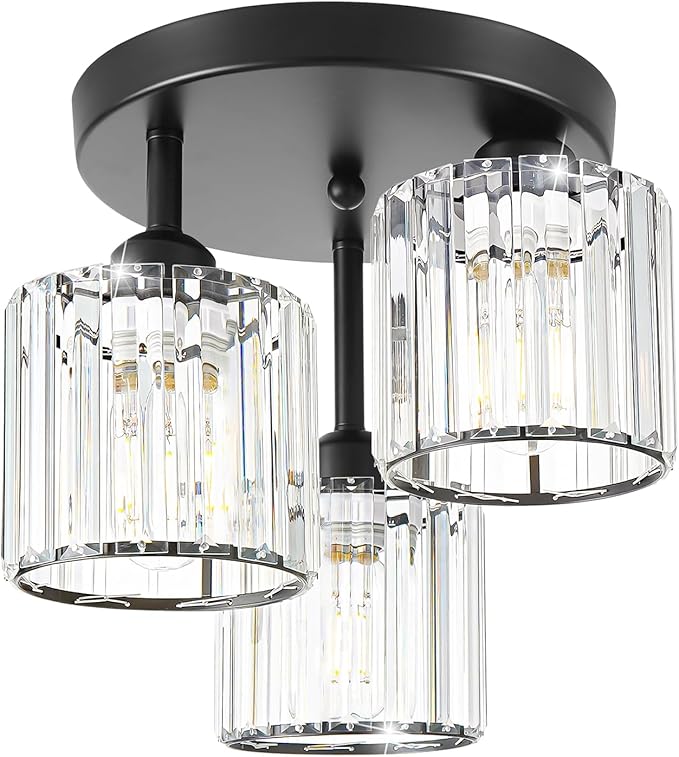 Crystal Semi Flush Mount Ceiling Light, 3-Light Modern Close to Ceiling Light Fixtures, Black Kitchen Light Fixtures with Clear Crystal Shade, Hallway Light Fixtures for Hallway Bedroom Bathroom, E26