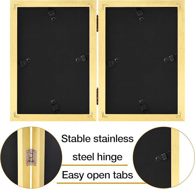 decorUhome Double 4x6 Picture Frame Vertical, Engineered Wood Bifold Photo Frame with Plexiglass for Tabletop Display, 4x6, Gold