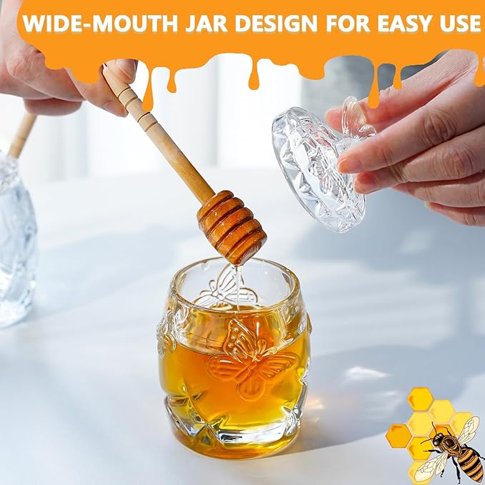 kanpura Clear Crystal Honey Jar with Dipper and Lid, Honey Bee Pot, 4.5oz Glass Honey Pot for Home Kitchen