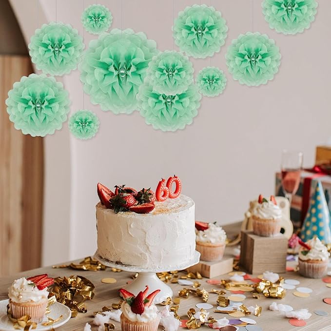 Tissue Paper Pom Poms, Light Green Tissue Paper Flowers, Hanging Flower Balls for Weddings Fiesta Parties Birthday Baby Showers Classroom Bridal Shower Decoration (20Piece Set-6/10/12/14Inch)