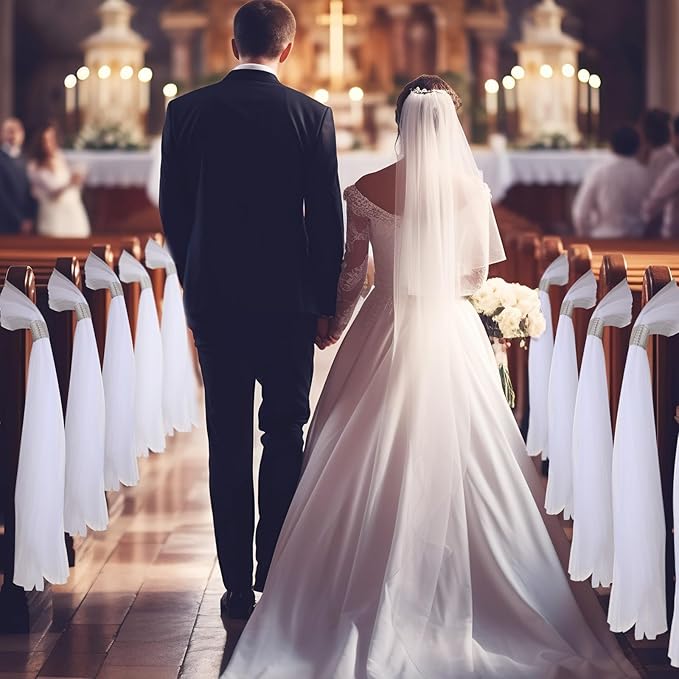 24 Set Wedding Aisle Chair Decorations 31.5 Inch Pew Bows with Long Tulle Tails and Rhinestone wrap for Wedding Ceremony Church Bridal Shower Banquet Decor (Silver)