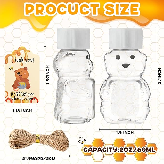 96 Sets 2 oz Plastic Honey Bear Bottle Bear Shape Clear Empty Honey Jar 96 Tags 2 Rolls Jute Rope Honey Containers Empty Honey Dispenser for Baby Shower Party Favors Gifts (White Lid)
