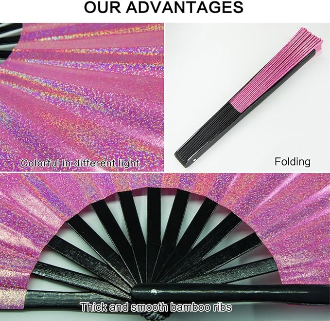 Large Rave Fan, Clack Folding Hand Fan with Premium Fabric, Thick Bamboo Frame for Men Women Gift for EDM, Festival, Club, Party, Dance, Decoration (Lridescent Pink, 13")