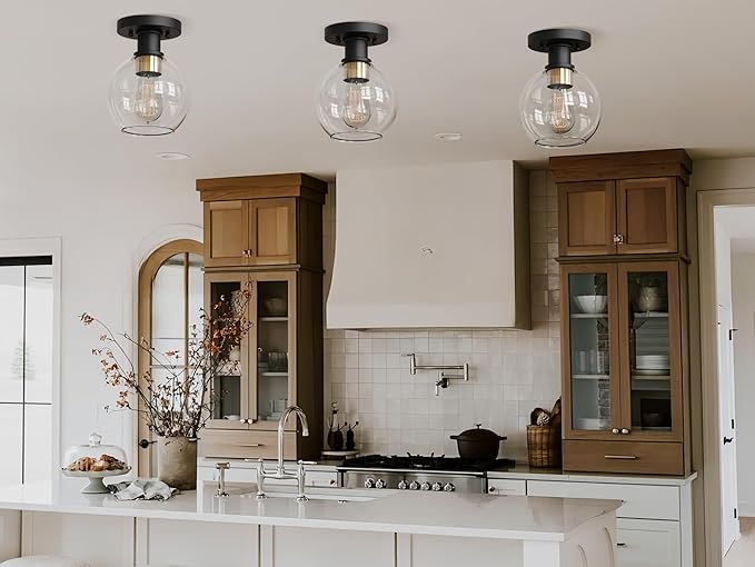 Dan Modern Farmhouse 1-Light Flush Mount Ceiling Light Clear Glass Globe Black Gold Finish for Hallway, Entryway, Passway, Bedroom, Garage, Kitchen, Balcony