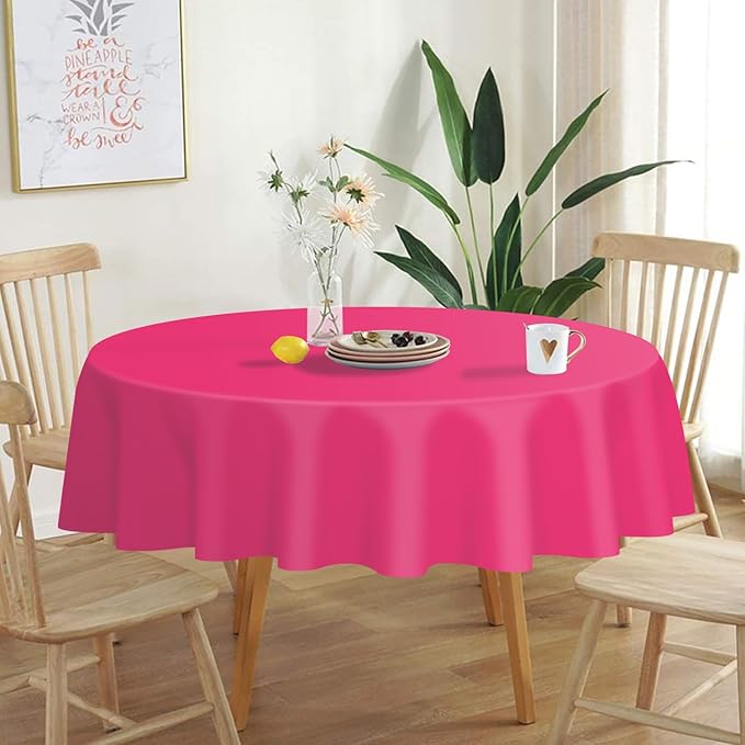 QIKSION Hot Pink Round Tablecloth 3 Pack, 84 Inch Plastic Table Cover Disposable for Parties