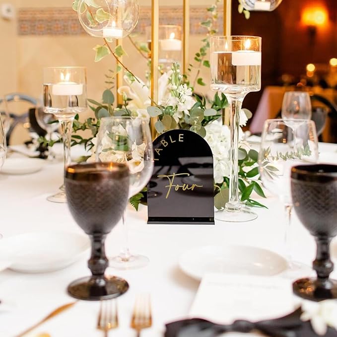 Black Arch Wedding Table Numbers 1-30 with Stands, 5x7 Inch Arch Acrylic Sign Black and Gold Lettering, Arch Acrylic Table Numbers for Wedding Reception