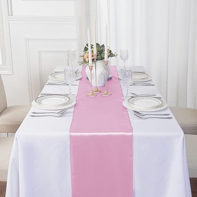 24Pack Table Runner 12 x 108 Inches Satin Silk Table Runner for Wedding, Birthday Party, Banquets, Graduations Decoration, fit Rectange and Round Table-Pink
