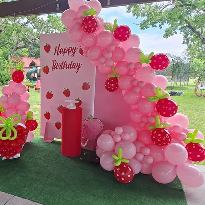 Strawberry Theme Balloons, 52 PCS 12 Inch Red Pastel Pink Pearl Pink Balloons With Polka Dot Latex for Sweet Girl Birthday Party Decorations