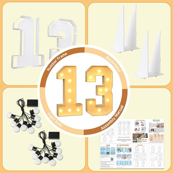 Imprsv 3FT Light Up Numbers, Marquee 13th Birthday Decorations for Girls Boys, Large Light Up 13th Birthday Women Foam Board Anniversary Party Decorations Arch Kit (DIY)