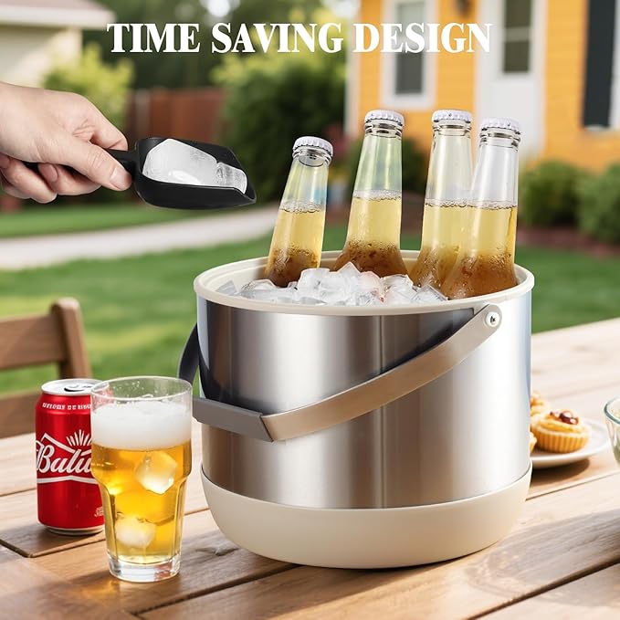 5Quart/4.8L Insulated Ice Bucket with Scoop & Lid, Double-Wall Ice Bucket,Large Party Bucket BPA Free for Cocktail Bar, Champagnes (White)