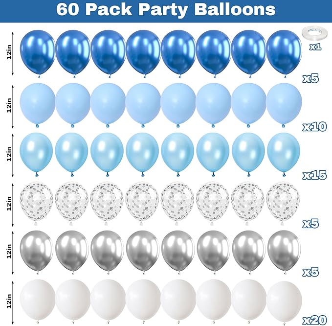 Blue and White Balloons, 60 Pcs 12 Inch Pastel Baby Blue Silver Latex Balloon with Metallic Confetti Balloons Graduation Balloon for Boys Birthday Baby Shower Christening Grad Party Decorations