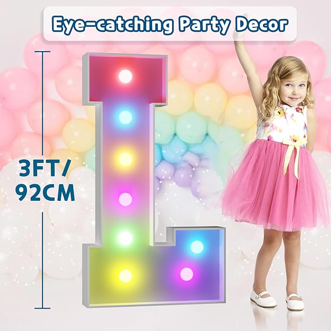 imprsv 3FT Colorful Marquee Light Up Letters L, 18 Colors Large Light up Letters Alphabet Sign with Remote, Big Marry Me Sign, Birthday Party Decorations Baby Shower Anniversary Wedding Decoration
