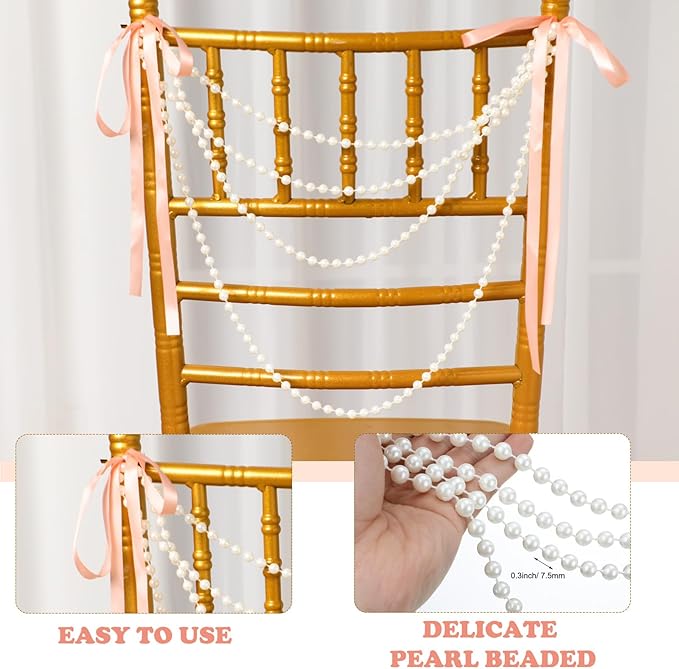 Wedding Pearl Bow Chair Decor Satin Ribbon Bows with Pearl Beaded String Garland Aisle Chair Sashes Decorations for Ceremony Coquette Party Banquet Decor
