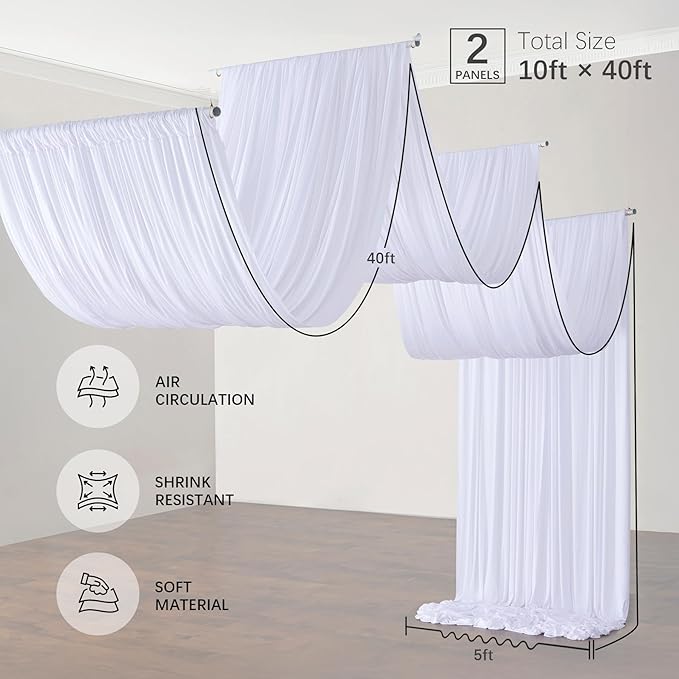 PartyVillage 10ftx40ft White Ceiling Curtain for Wedding Parties – 2 Panels Wrinkle-Free 40 FT Long Tent Draping Curtains for Wedding, Birthday & Theme Parties, 40ft Height with Rod Pocket