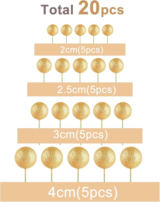 ASTARON 20 Pcs Mini Balloons Cake Topper Sticks - Glitter Gold Ball Picks for Christmas Birthday Decorations