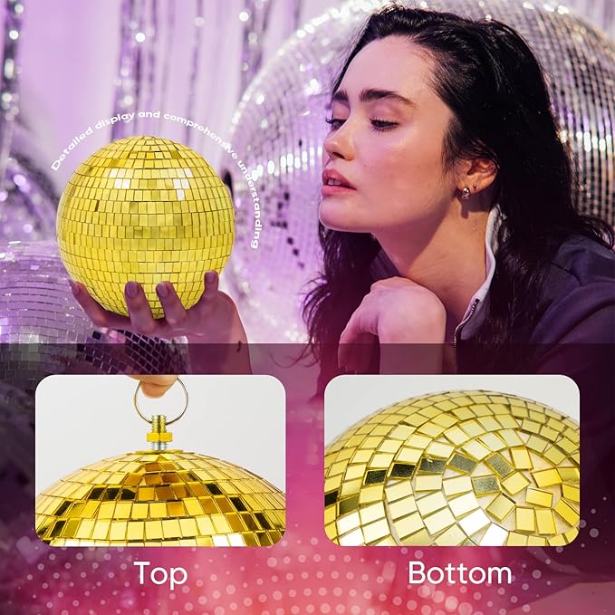 Mirror Disco Ball Decor with Hanging Ring: 8 Inch Large Gold Disco Ball Ornaments - Hanging Party Disco Balls for Party Decorations, 70s Theme Party, DJ, Wedding, Birthday, Christmas