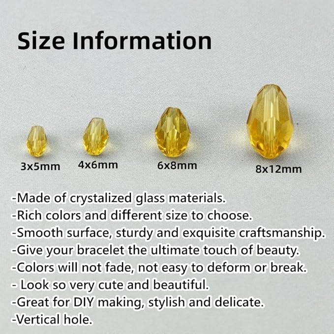 130pcs 6x8mm Teardrop Crystal Glass Beads for Jewelry Making, Faceted Vertical Hole Teardrop Glass Spacer Beads for Wind Chimes Bracelet Earring Necklace DIY Craft(Light Yellow)