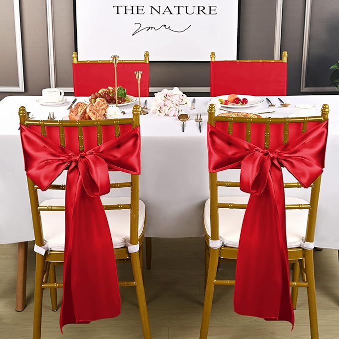 fani 120 PCS Red Satin Chair Sashes Bows Universal Chair Cover for Wedding Reception Restaurant Event Decoration Banquet,Party,Hotel Event Decorations (7 x 108 inch)