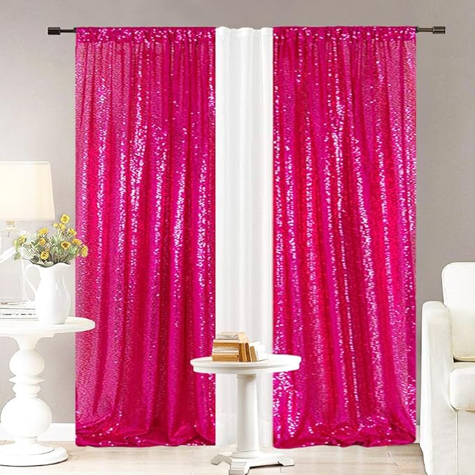 Eternal Beauty Hot Pink Sequin Backdrop Curtains, Shimmer Back Drop 4Panels-2FTx8FT for Christmas, Party, Birthday, Photography, Wedding, Baby Shower Event Decoration