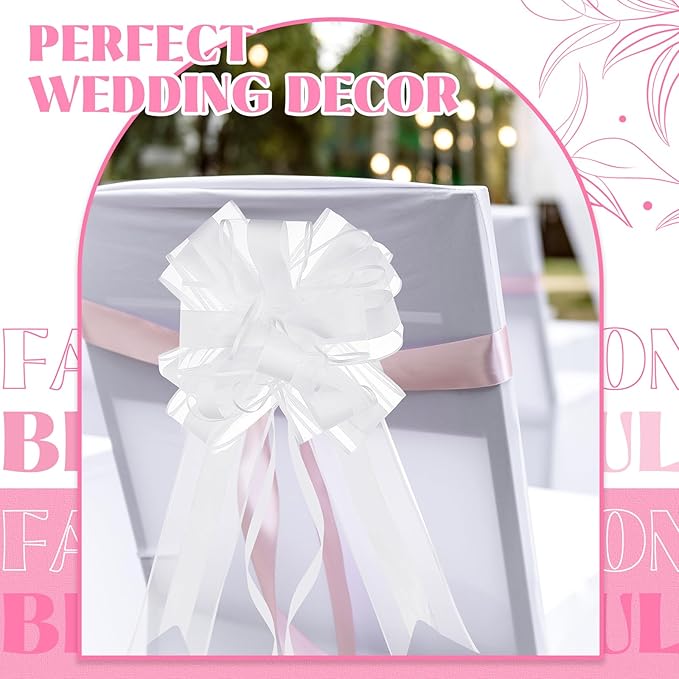 Riceshoot 24 Pcs Wedding Pew Bows with Yarn, Wedding Aisle Decorations for Church Chair Bench, Big Pull Bows for Gift Wrapping Bridal Shower Reception Birthday Anniversary Car Decor