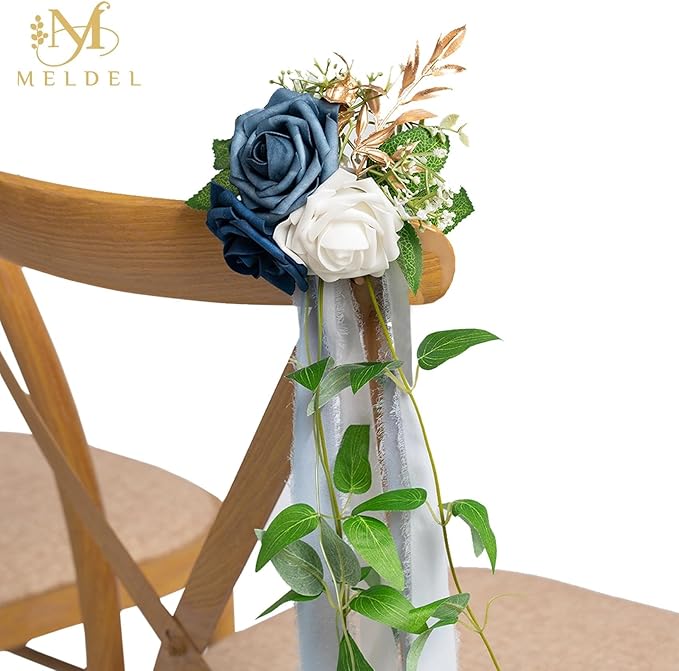 Meldel 10Pcs Elegnat Wedding Chair Back Decorations Aisle Artificial Blue White Rose Flowers Garland with Ribbion for Ceremony Reception and Reception Seating Arrangements Party Outdoor Decor