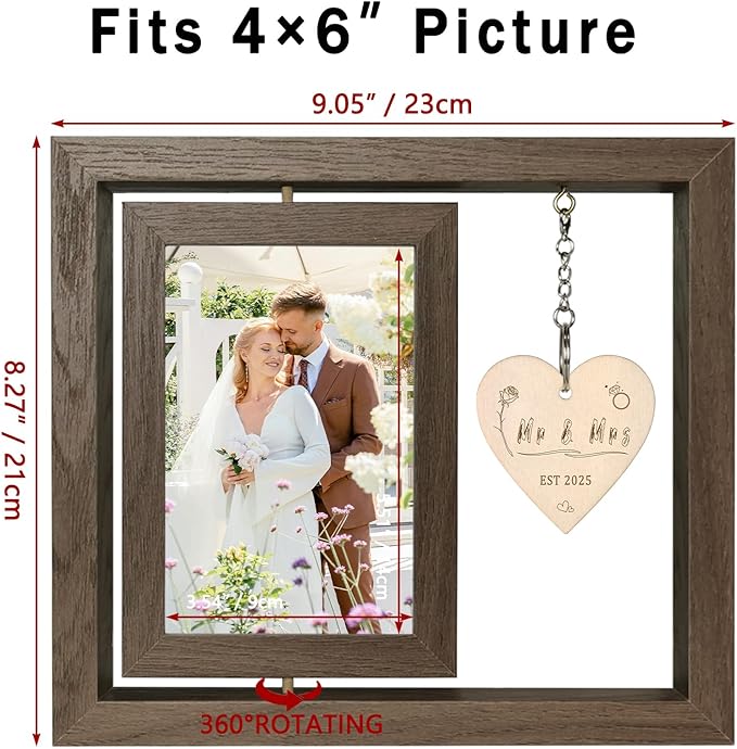 Rotating Floating Mr & Mrs EST 2025 - Let the Adventure Begin Picture Frame, Wedding Bridal Shower Gifts for Bride Newlywed Couples, Display Two 4x6