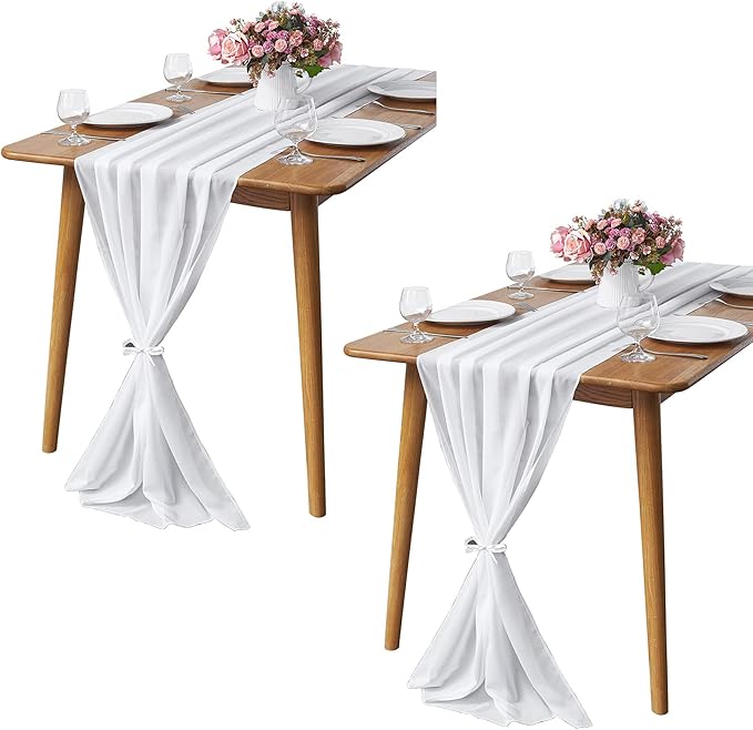 2 Pack 10Ft White Chiffon Table Runner Sheer 29x120 Inch for Romantic Wedding Decor Bridal & Baby Shower Birthday Rustic Party Decoration