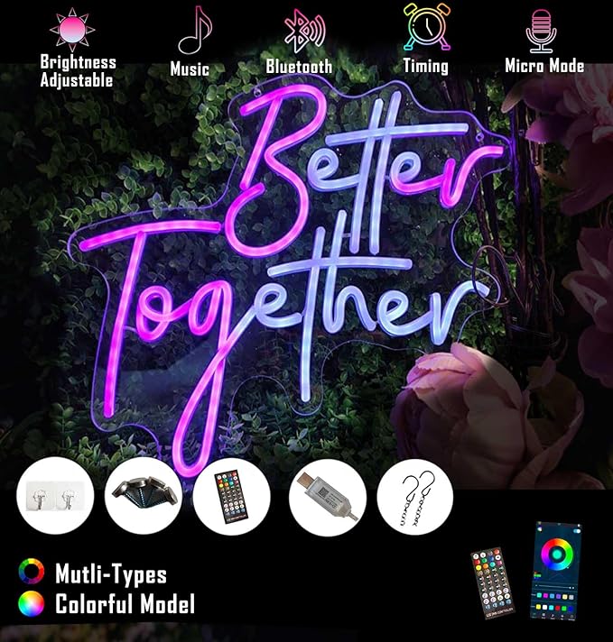 Ulalaza Smart RGB & Color Flow Effect Better Together LED Neon Sign with Remote & App Control Music Sync Timer Setting LED Acrylic Light for Wall Party Décor Bedroom Bar Wedding Home Birthday USB Powered