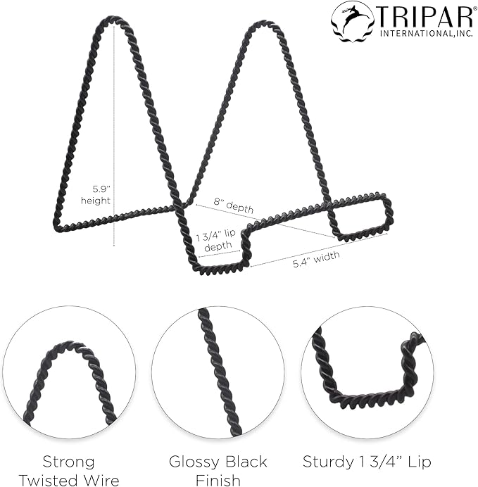 Tripar Decorative Twisted Wire Stand, Black Display (6 Inch Depth) Tabletop Easel Sleek & Modern Look - Perfect for Books, Plates, Photos & More