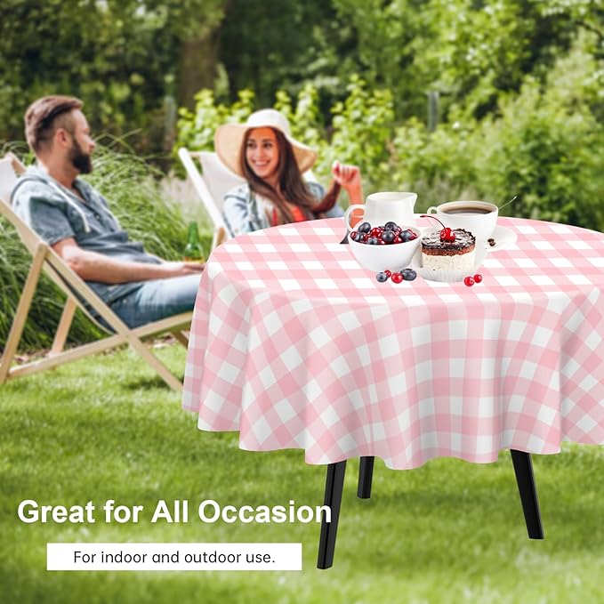 QIKSION Pink Gingham Round Tablecloth 3 Pack, 84 Inch Plastic Checkered Table Cover Disposable for Parties