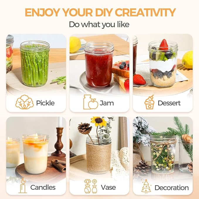 ComSaf Mason Jars 32 oz - 4 Pack, Wide Mouth Mason Jars with Lids, Prep Mear Glass Jars, Canning Jars for Pickling, Suntea, Salad, Honey, Desert, Shower Wedding Favors, DIY Candles Decor