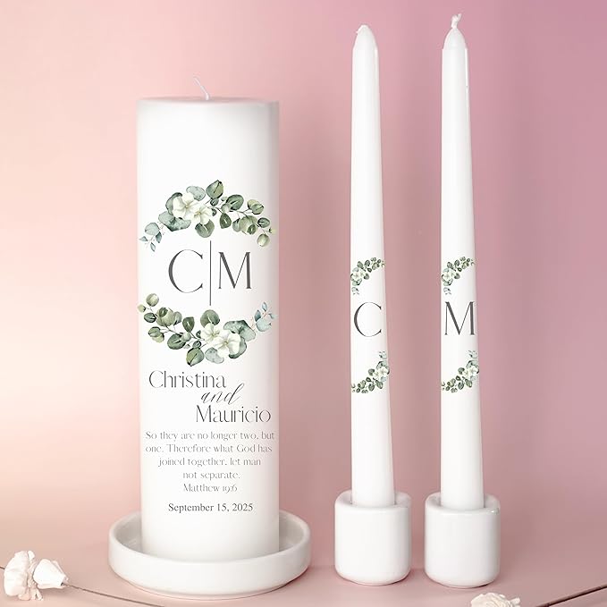 Unity Candles for Wedding, Modern Unity Set, Custom and Personalized Pillar and Taper Candles with Bible Quote, Unscented White Premium Wax, Religious and Wedding Ceremony, Special Events (Greenie)