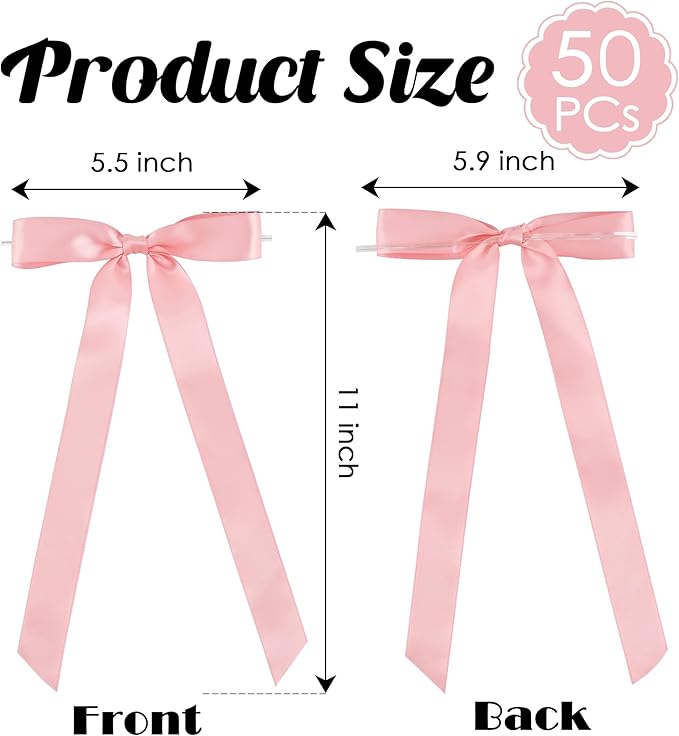 50 PCs Pink Bow Decor 5.5'' Satin Bows with Long Tail, Twist Tie Bows for Craft, Packaging Ribbon Bows, Premade Bows for Cake Decorating, Gift Bows for Treat, Wedding Favor, Party