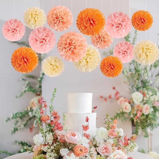 15Pcs Tissue Pom Poms Pink Orange Paper Flowers Hanging Decorations Orange Pink Flower Ball for Baby Shower Wedding Nursery Birthday Party Backdrop Home Outdoor